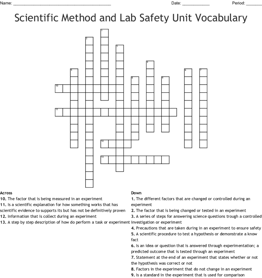 Scientific Method And Lab Safety Unit Vocabulary Crossword