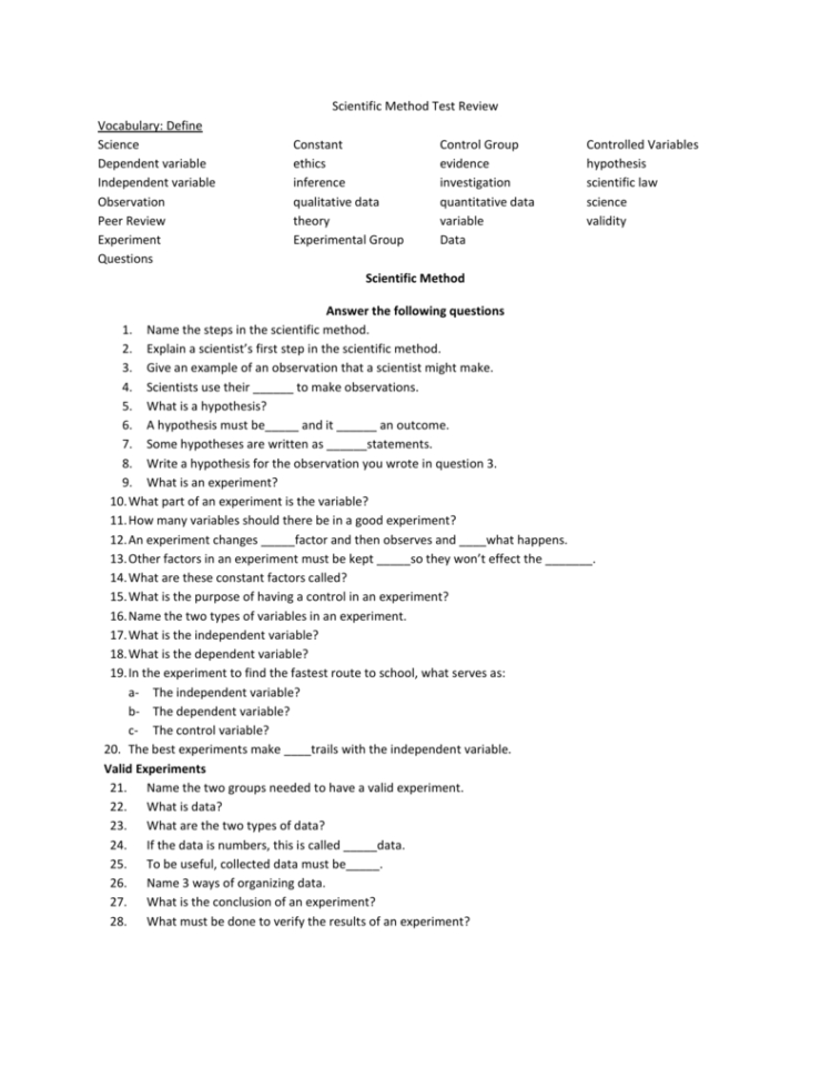 Scientific Method Test Review Vocabulary Define Science