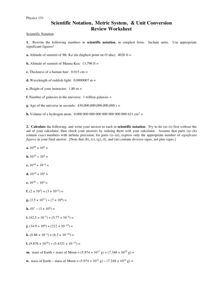 Scientific Notation Metric System  Unit Conversion Review