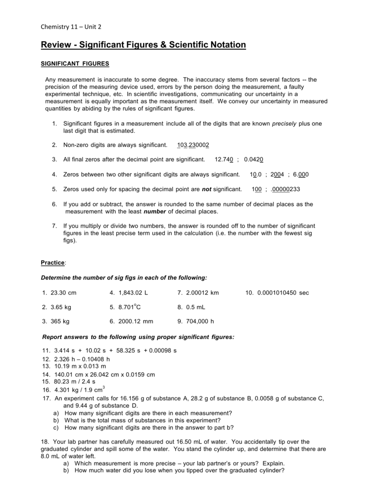 Scientific Notation  Sig Figs Worksheet