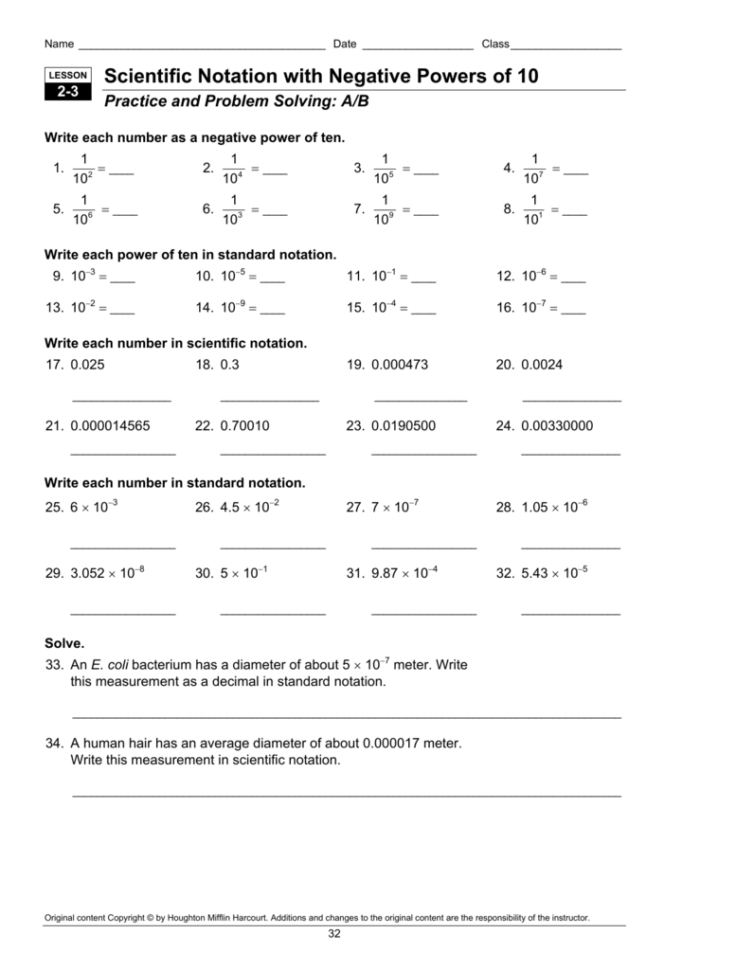 Scientific Notation With Negative Powers Of 10