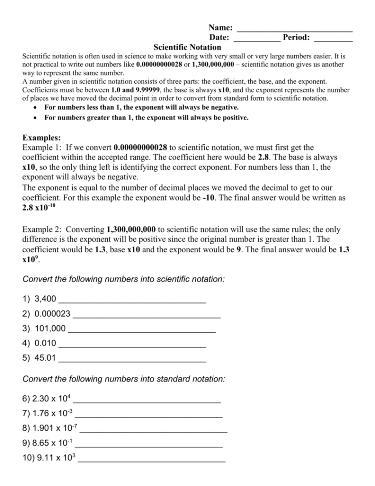 Scientific Notation Worksheet