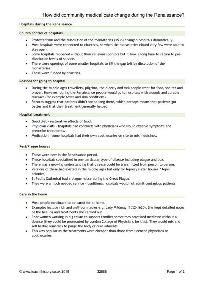 Se  History  Renaissance  Worksheet  Care And Hospitals