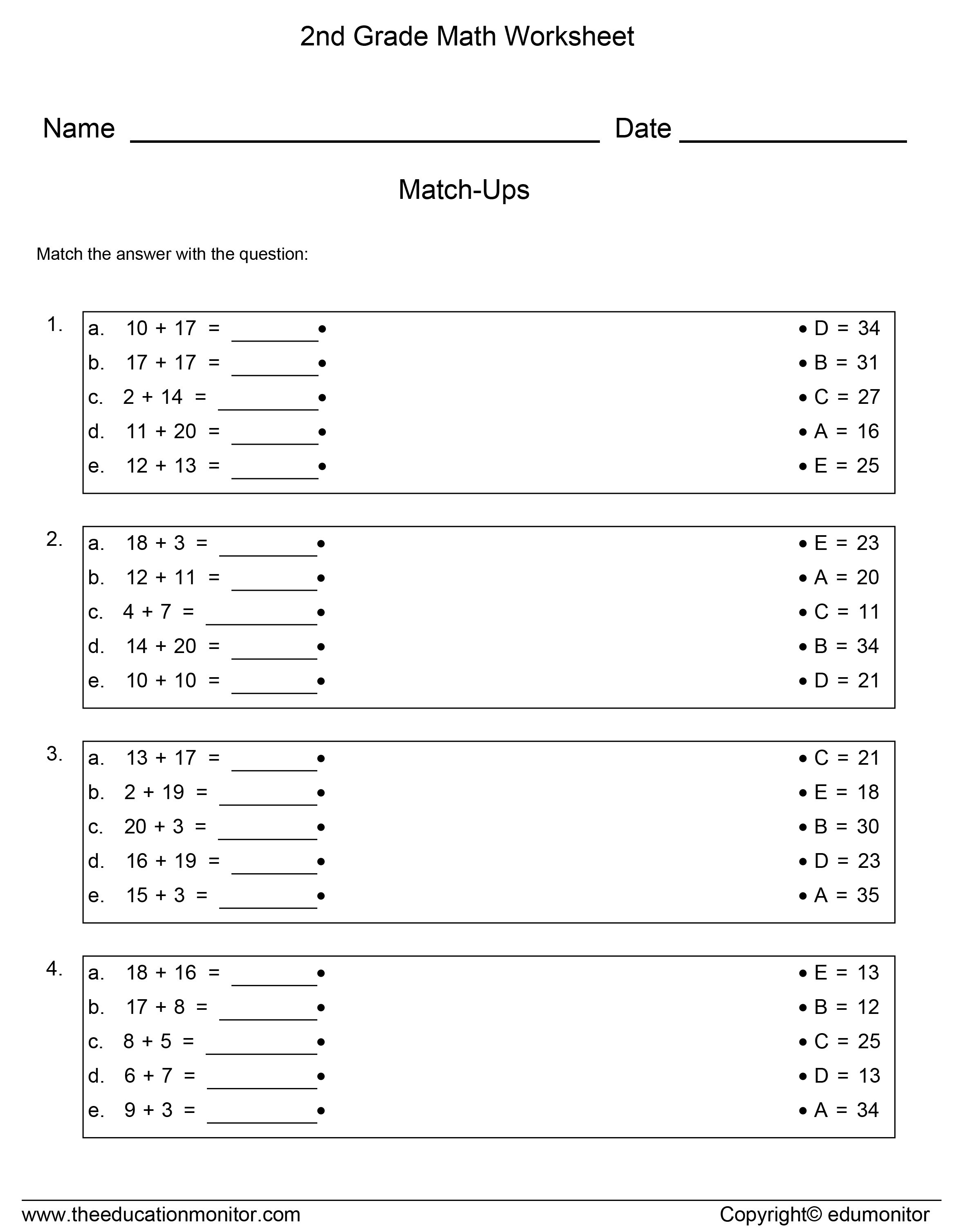 Second Grade Math Worksheet Free Practice Printable Activities