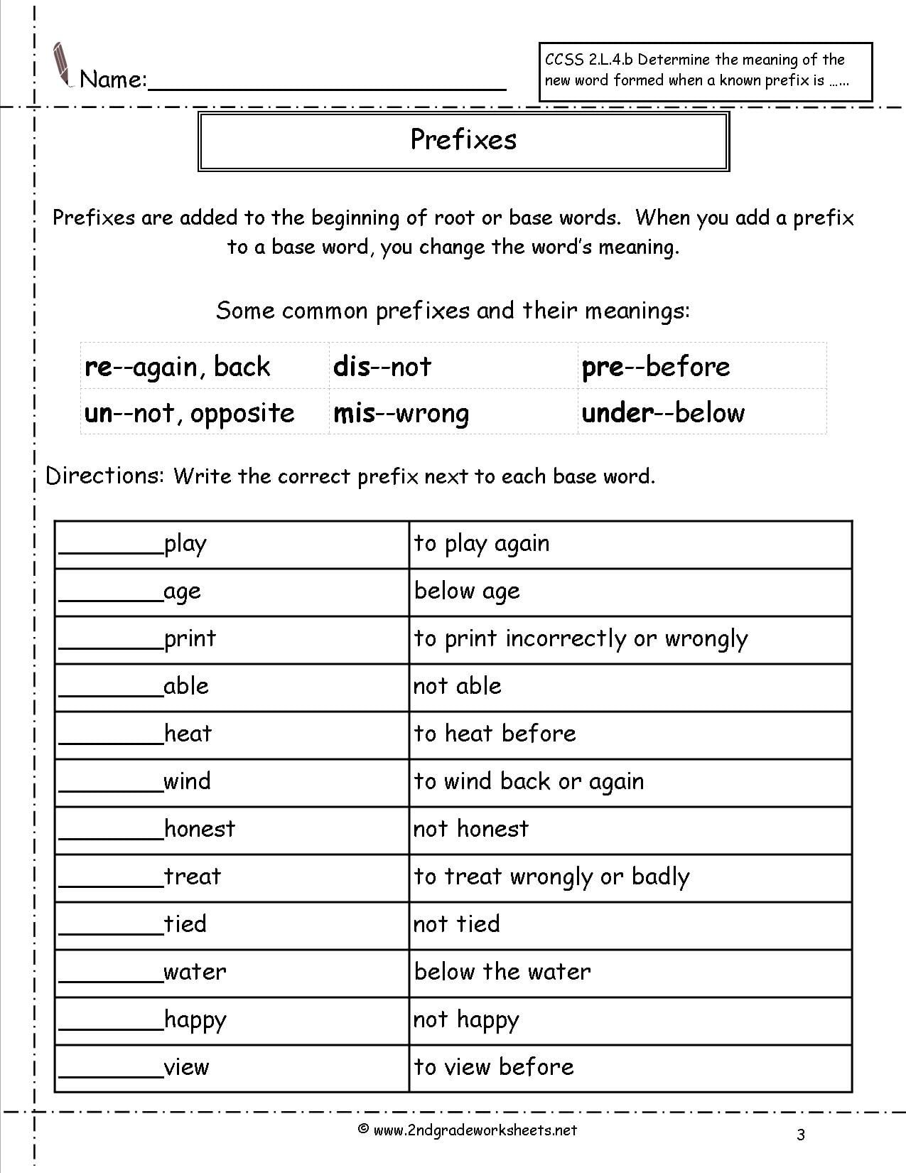 Second Grade Prefixes Worksheets
