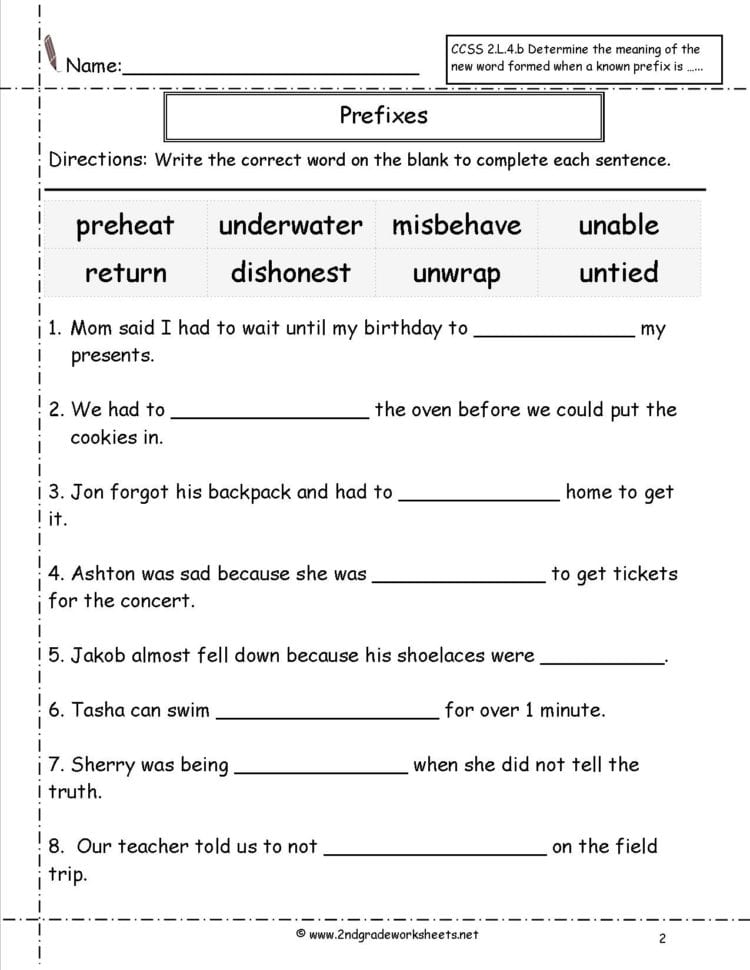 Second Grade Prefixes Worksheets