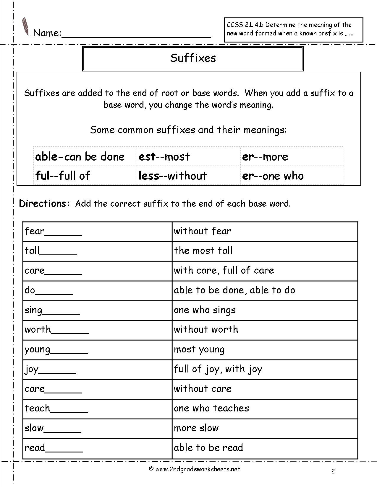 Free Printable Worksheets On Suffixes For Grade 2