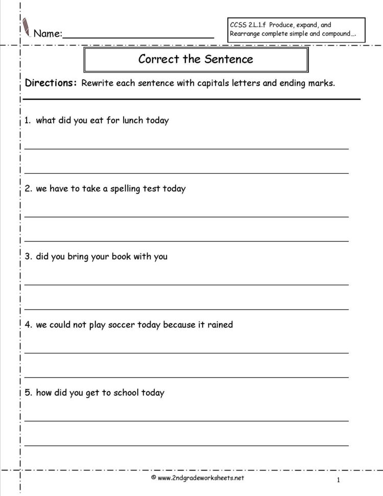 Second Grade Sentences Worksheets Ccss 2L1F Worksheets