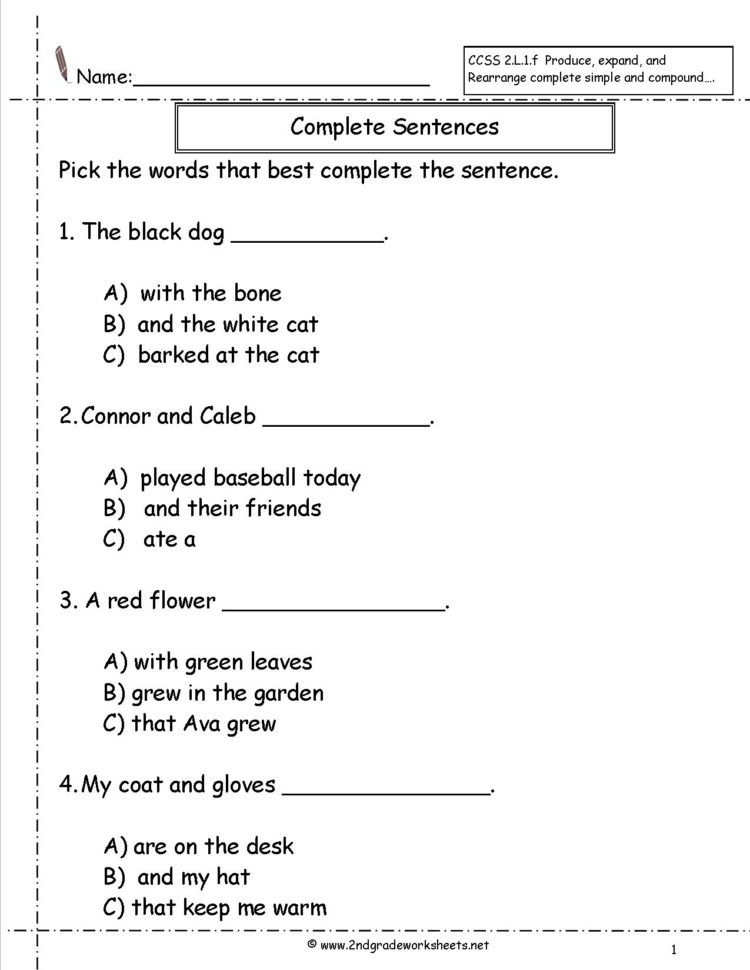 Second Grade Sentences Worksheets Ccss 2L1F Worksheets