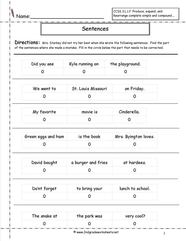 Second Grade Sentences Worksheets Ccss 2L1F Worksheets