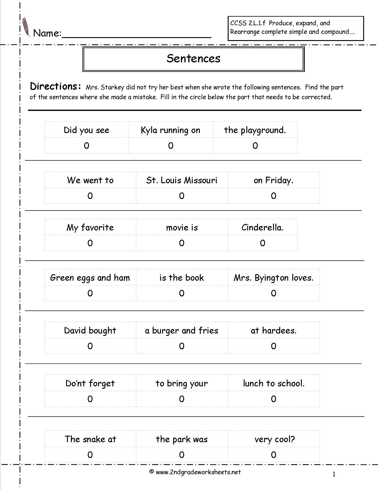 Second Grade Sentences Worksheets Ccss 2L1F Worksheets
