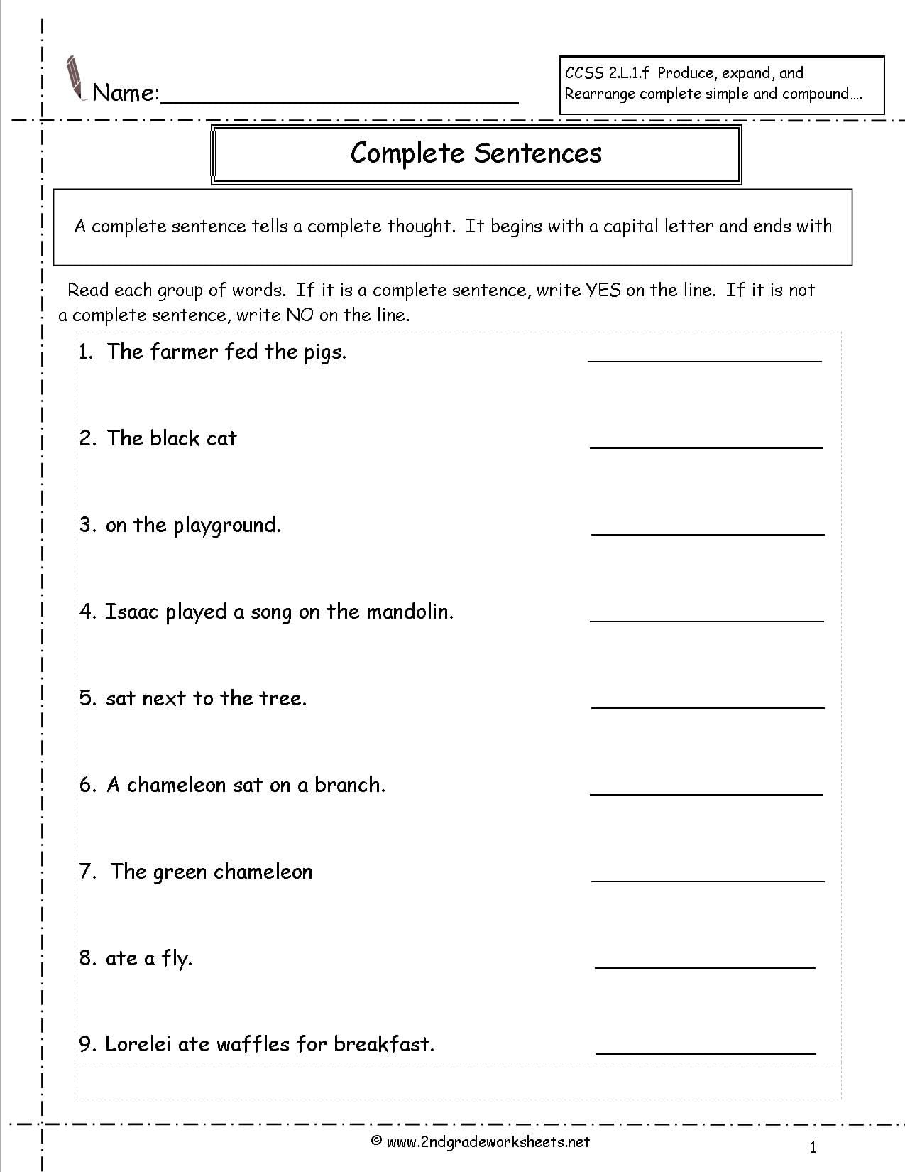 Sentences Worksheets For Grade