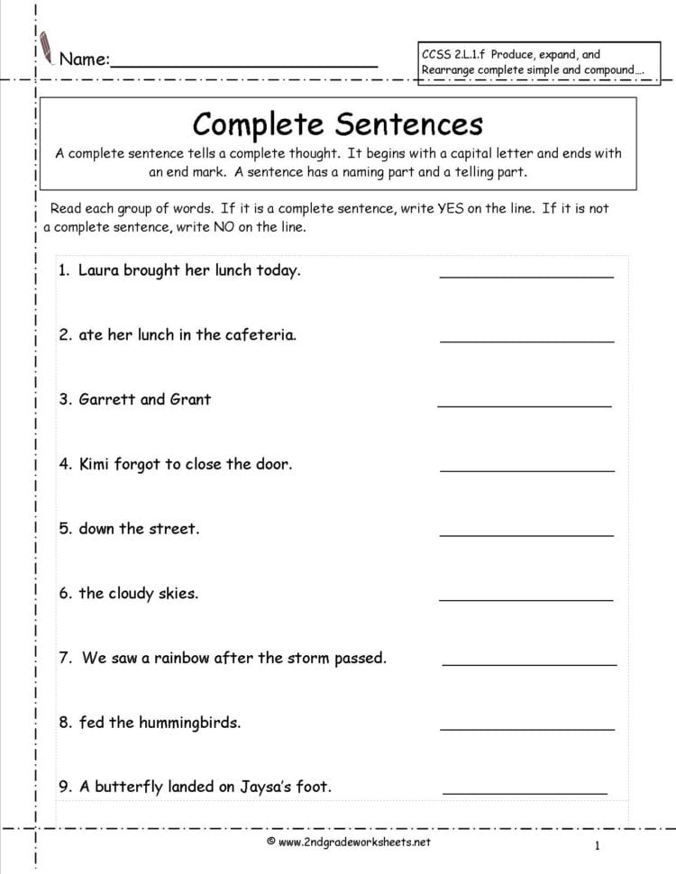 Second Grade Sentences Worksheets Ccss 2L1F Worksheets