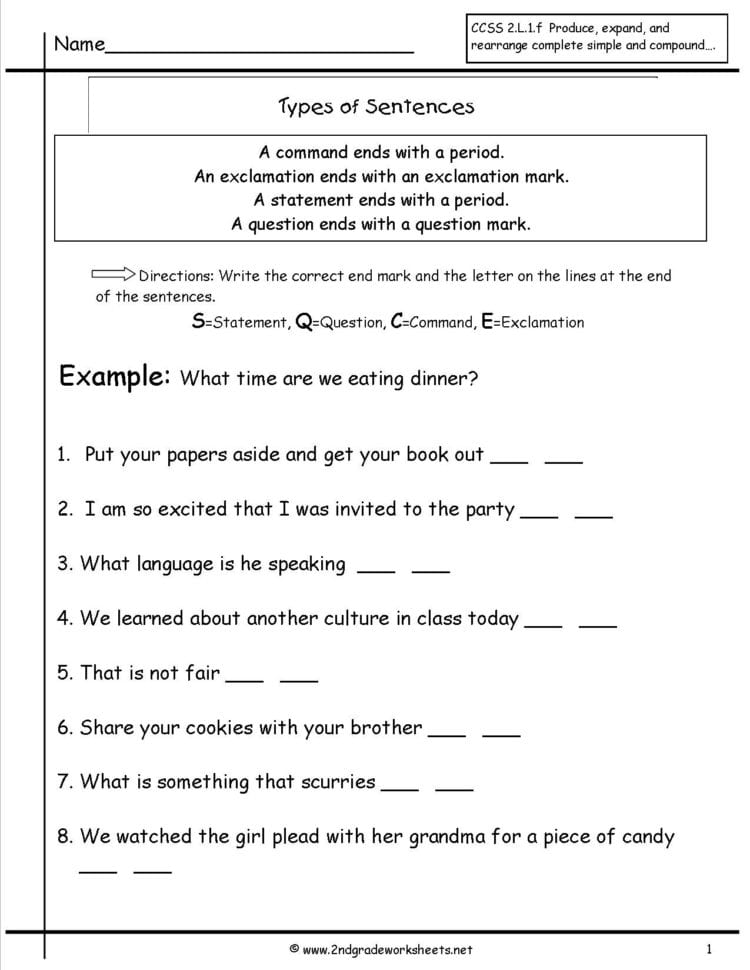 Second Grade Sentences Worksheets Ccss 2L1F Worksheets