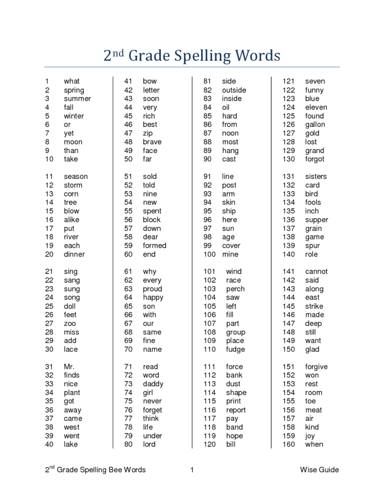 Second Grade Spelling Words Worksheets To Printable To