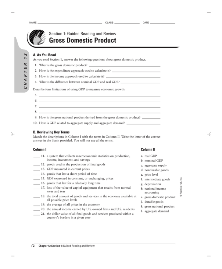 Chapter 12 Section 2 Business Cycles Worksheet Answers