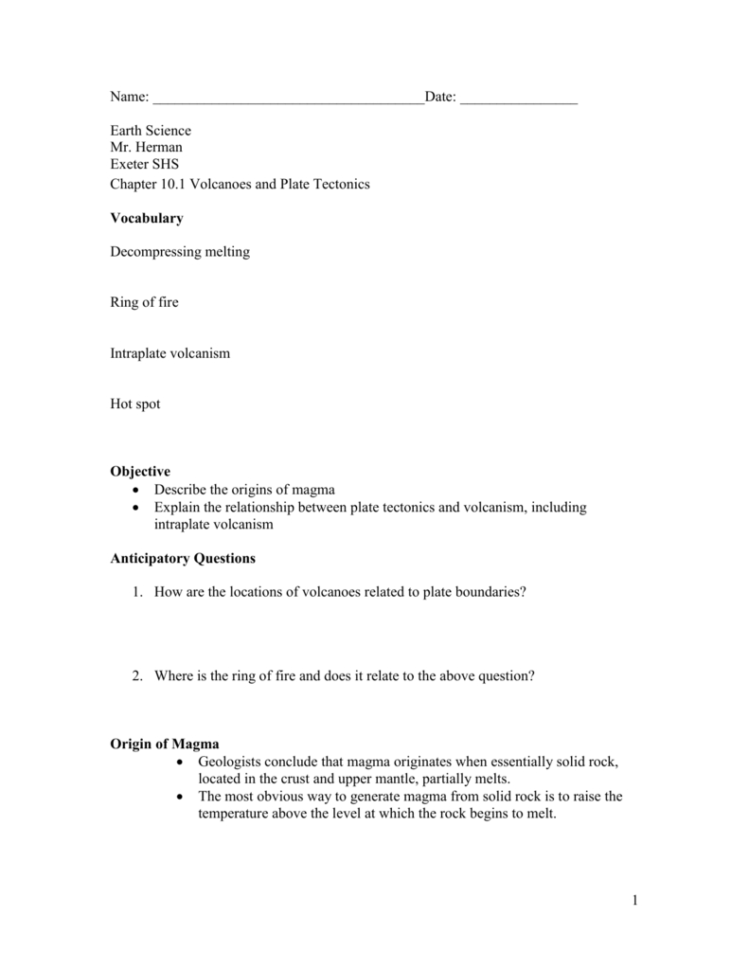 Section 101 Volcanoes And Plate Tectonics