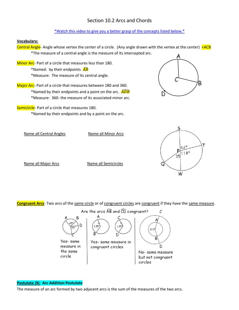 Arcs And Chords Worksheet Answers With Work Creativeried