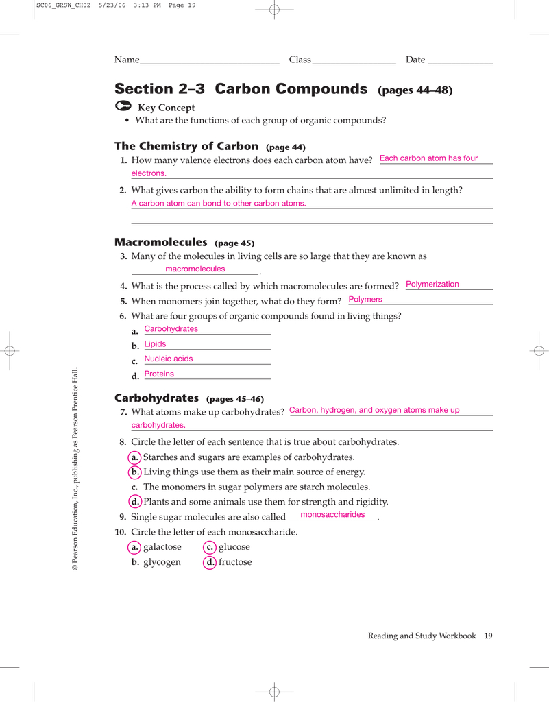 Section 2–3 Carbon Compounds Pages 44–48