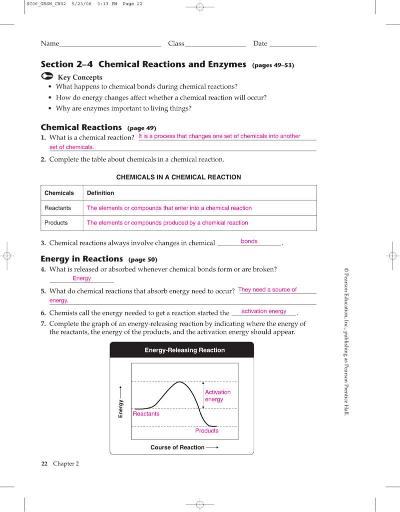Section 2–4 Chemical Reactions And Enzymes Pages 49–53