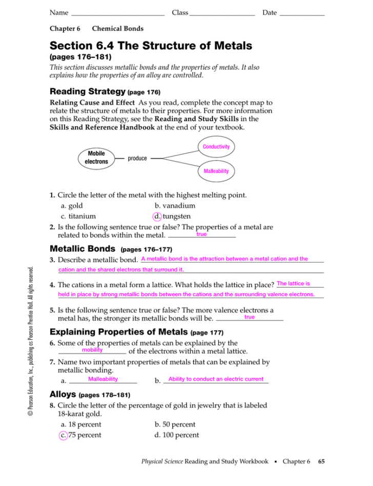 Worksheet 10 Metallic Bonds Answer Key