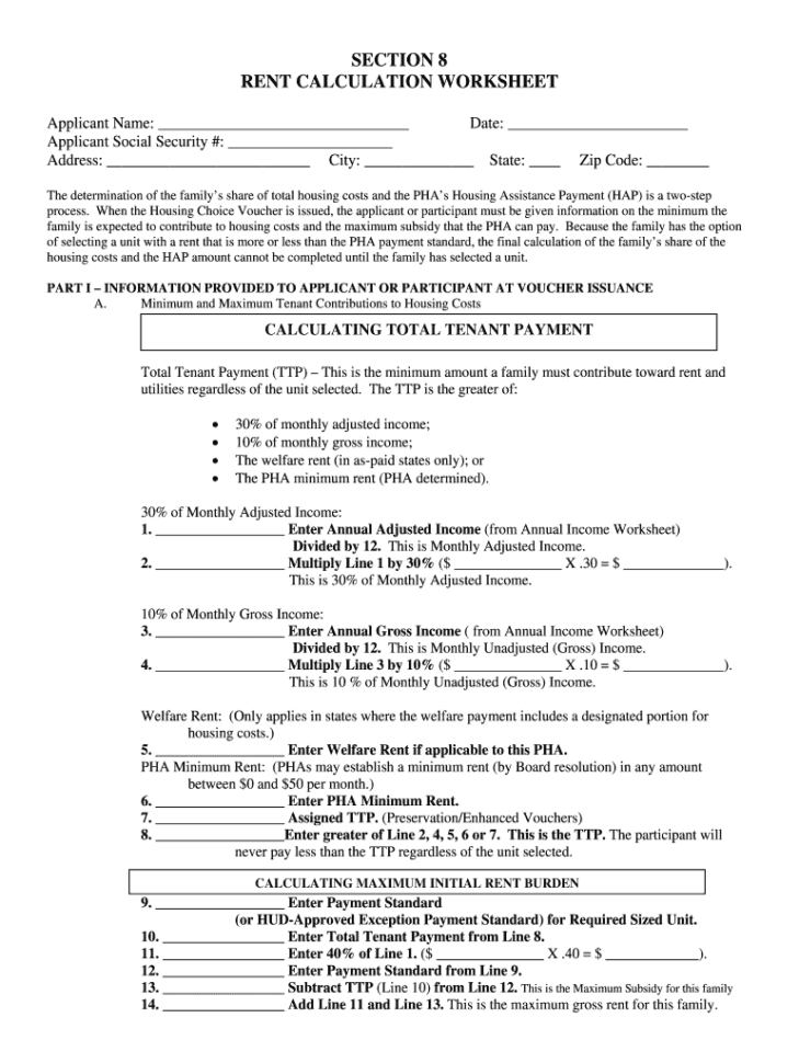 Section 8 Rent Calculation Worksheet  Fill Online