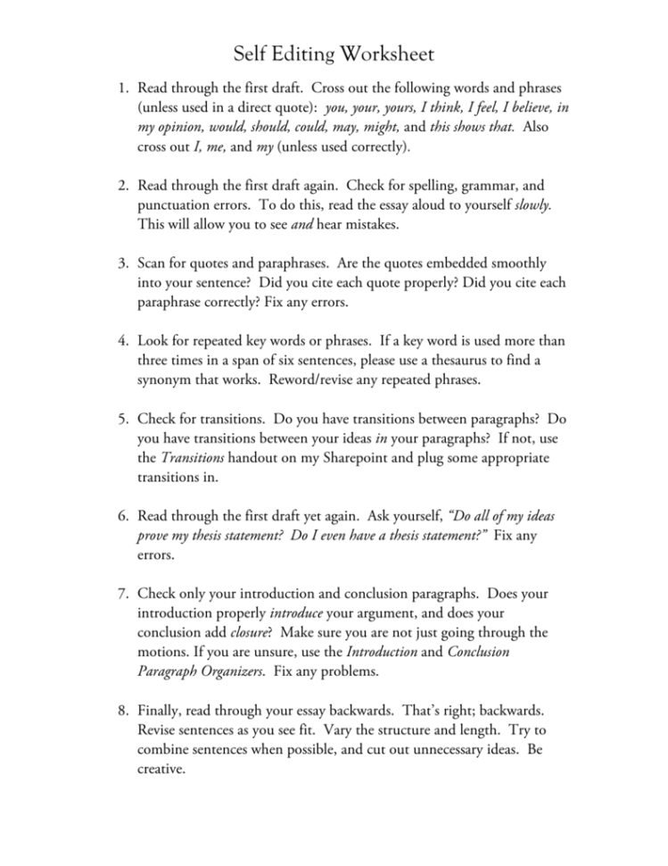 Self Editing Worksheet