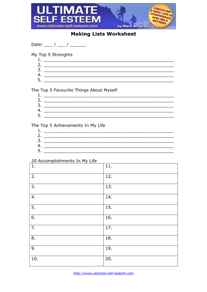 Self Esteem Worksheets Adults Ebook » Pdf Zone