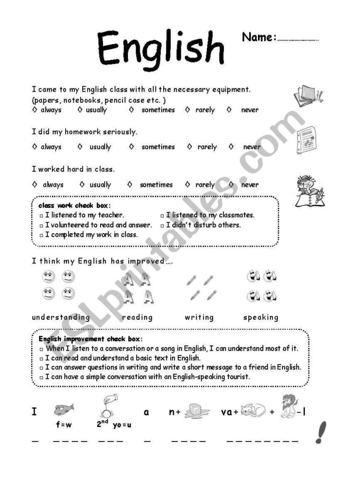 Self Evaluation 6Th Grade  Esl Worksheetmariong