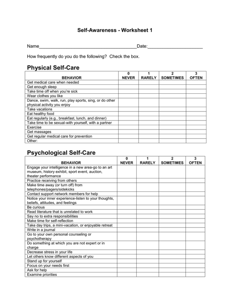 Selfareness  Worksheet 1