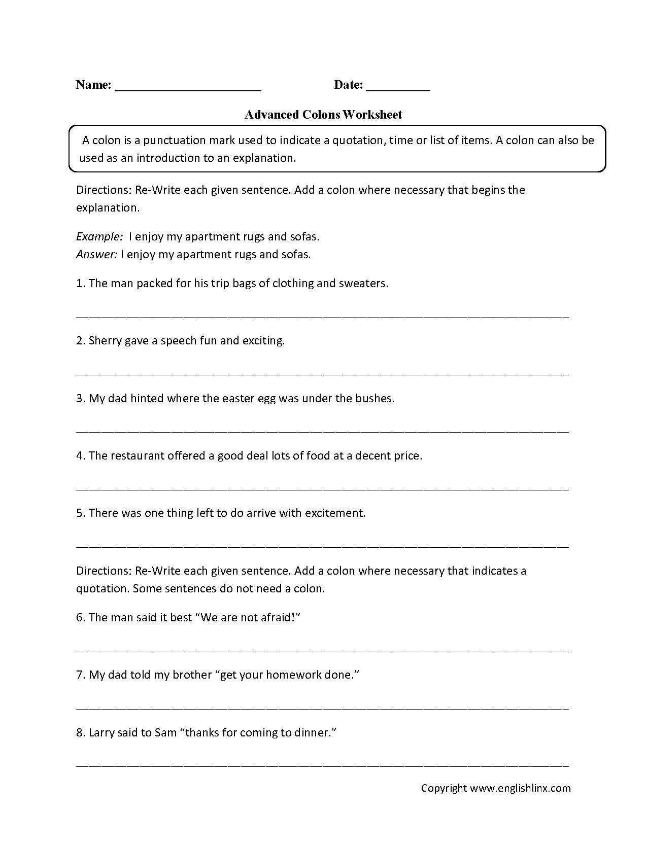 Semicolons And Colons Worksheet Answers