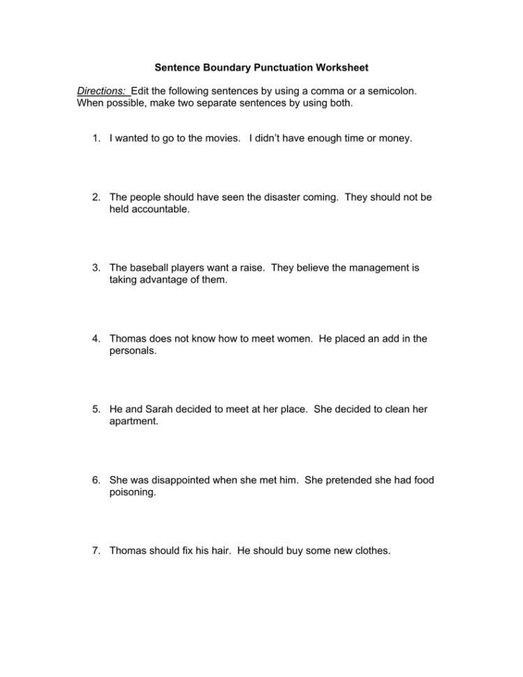 Sentence Boundaries University Level Worksheet