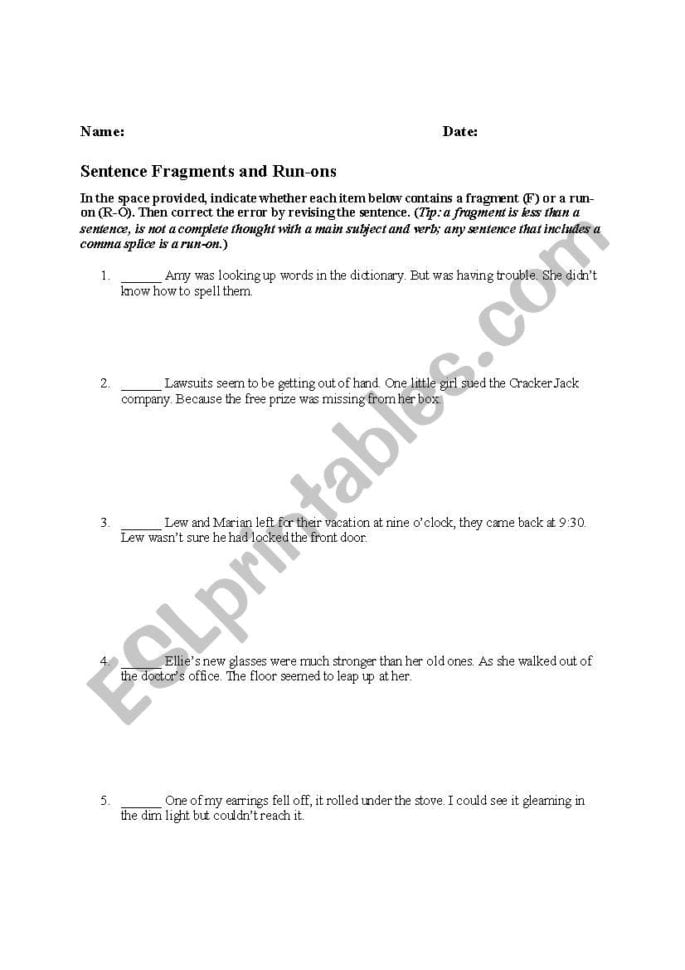 Sentence Fragments And Runons  Esl Worksheetamk5788
