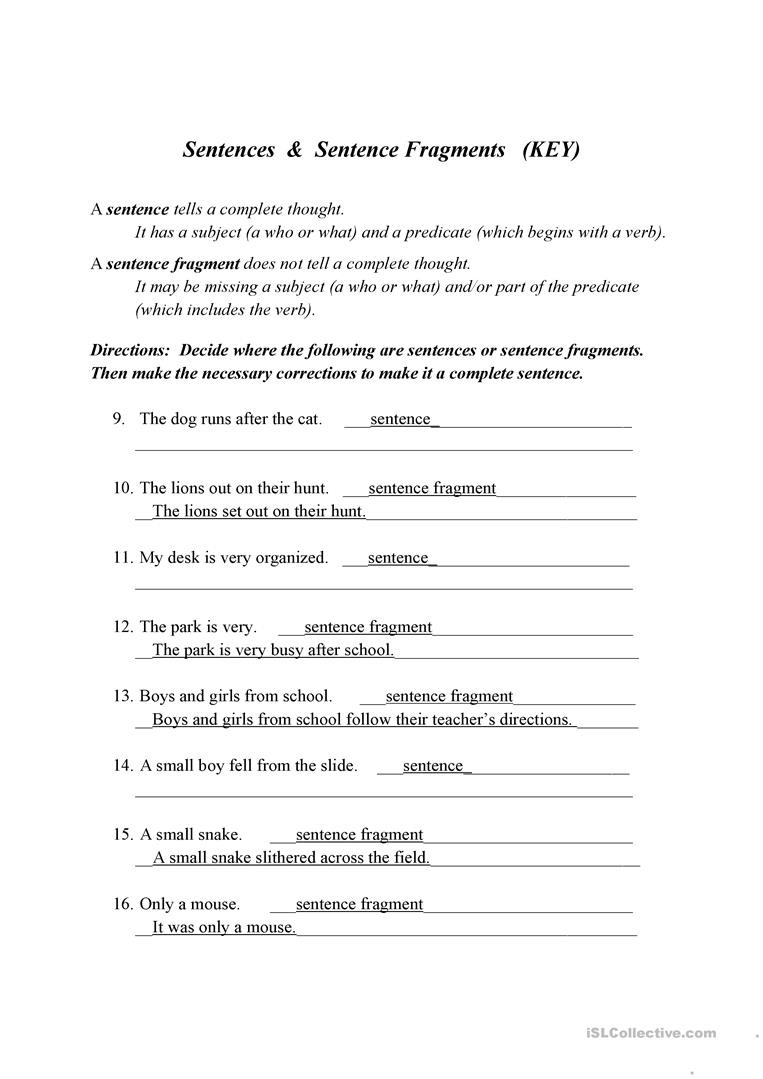 Sentence Or Fragment  English Esl Worksheets