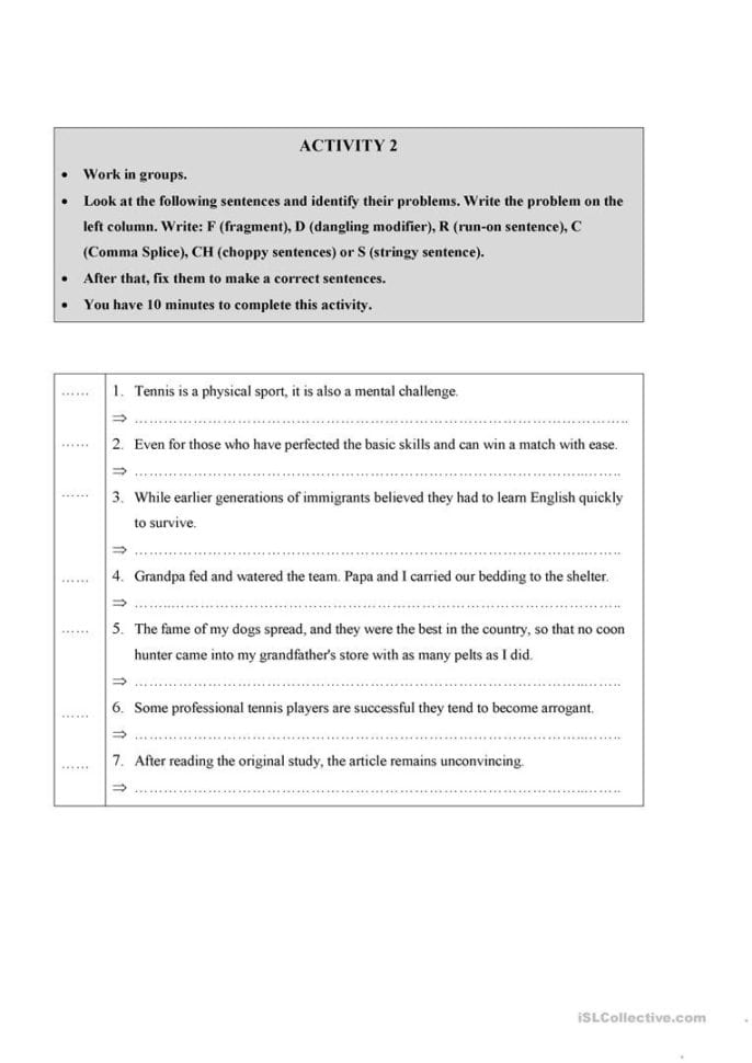 Sentence Problems  English Esl Worksheets