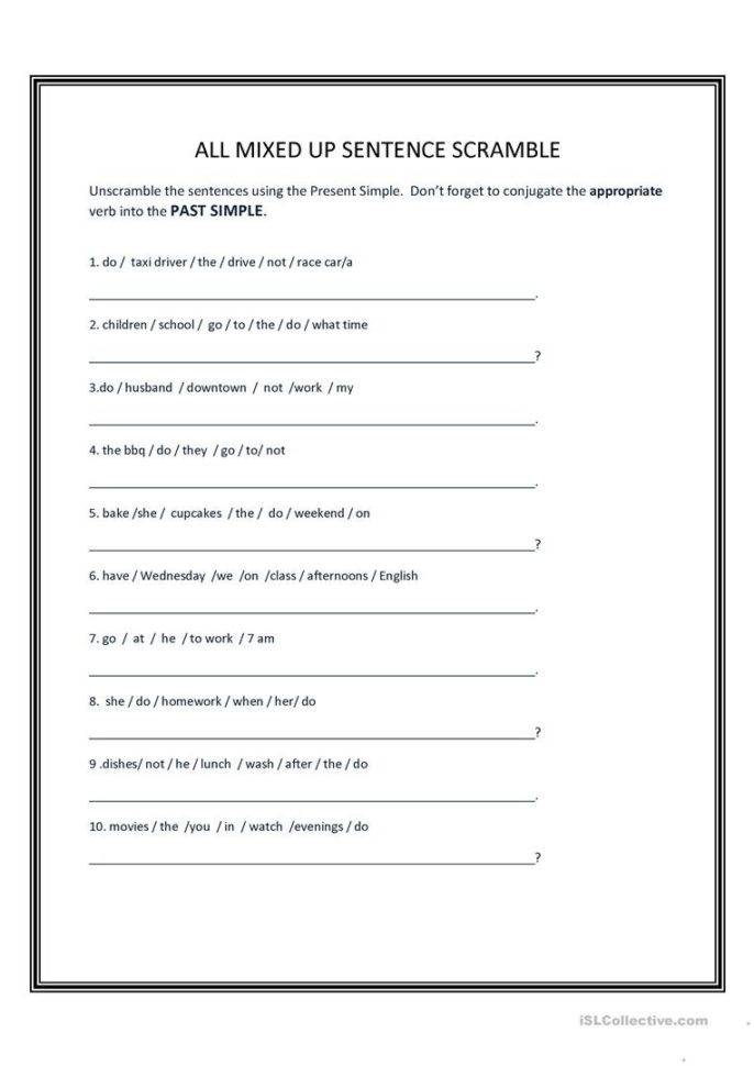 Sentence Scramble Past Simple  English Esl Worksheets