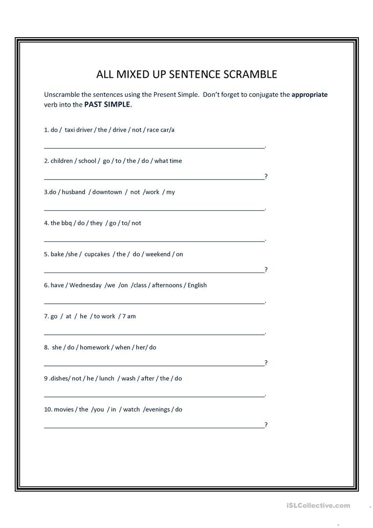 sentence scramble past simple english esl worksheets db excelcom