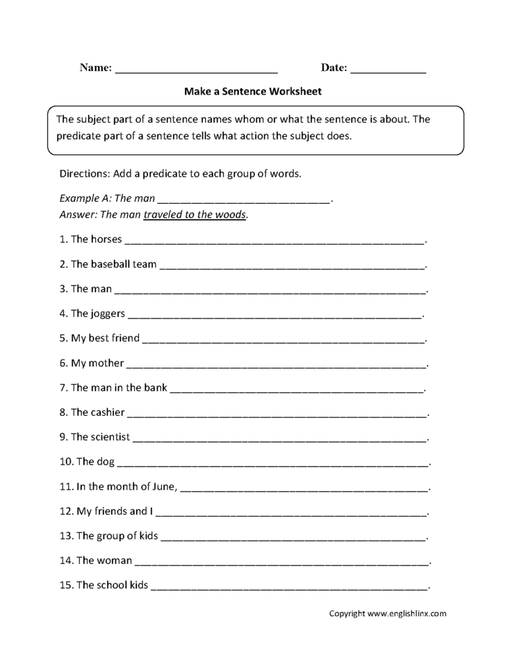 Making Complete Sentences Worksheet