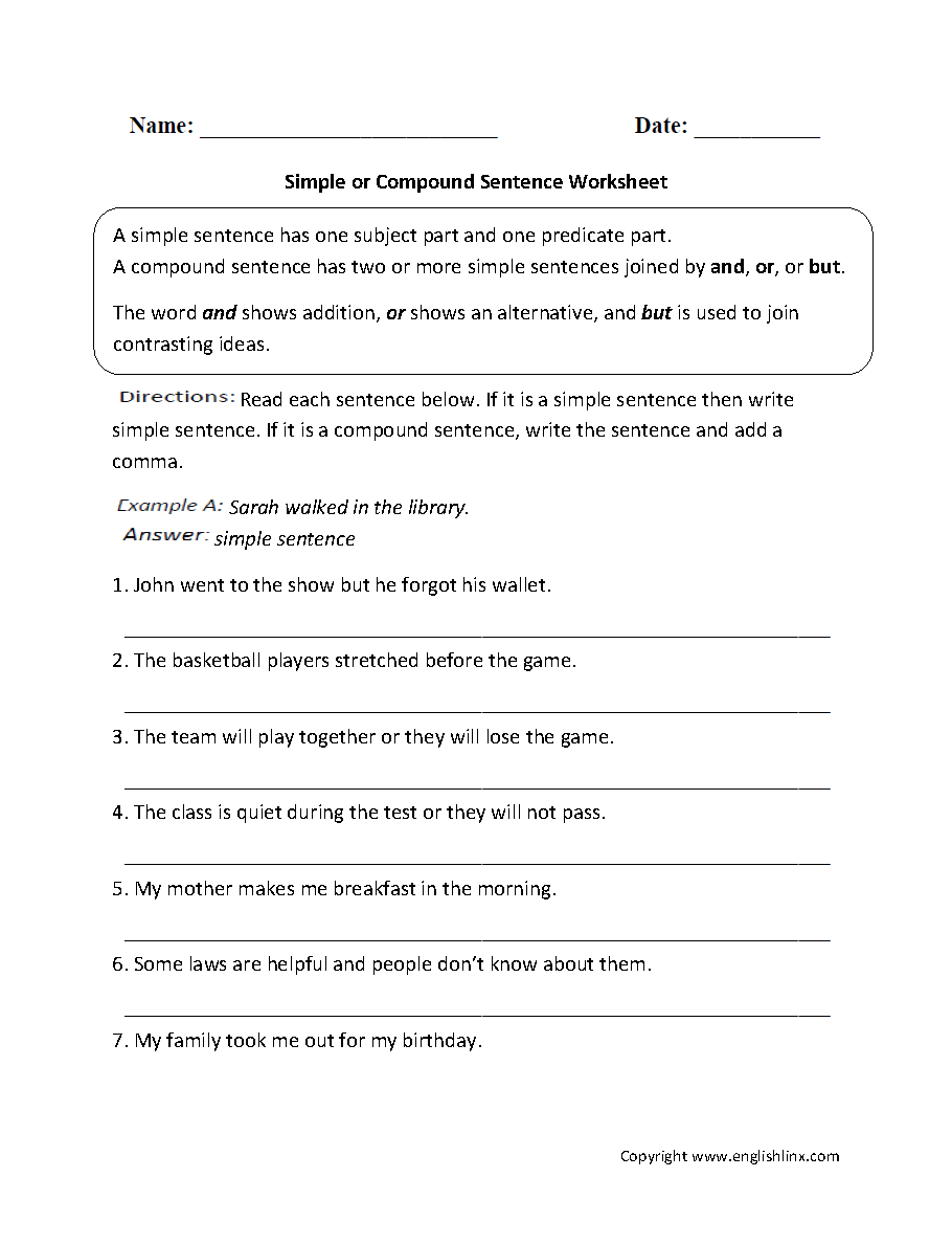Worksheets On Simple Compound And Complex Sentences Pdf