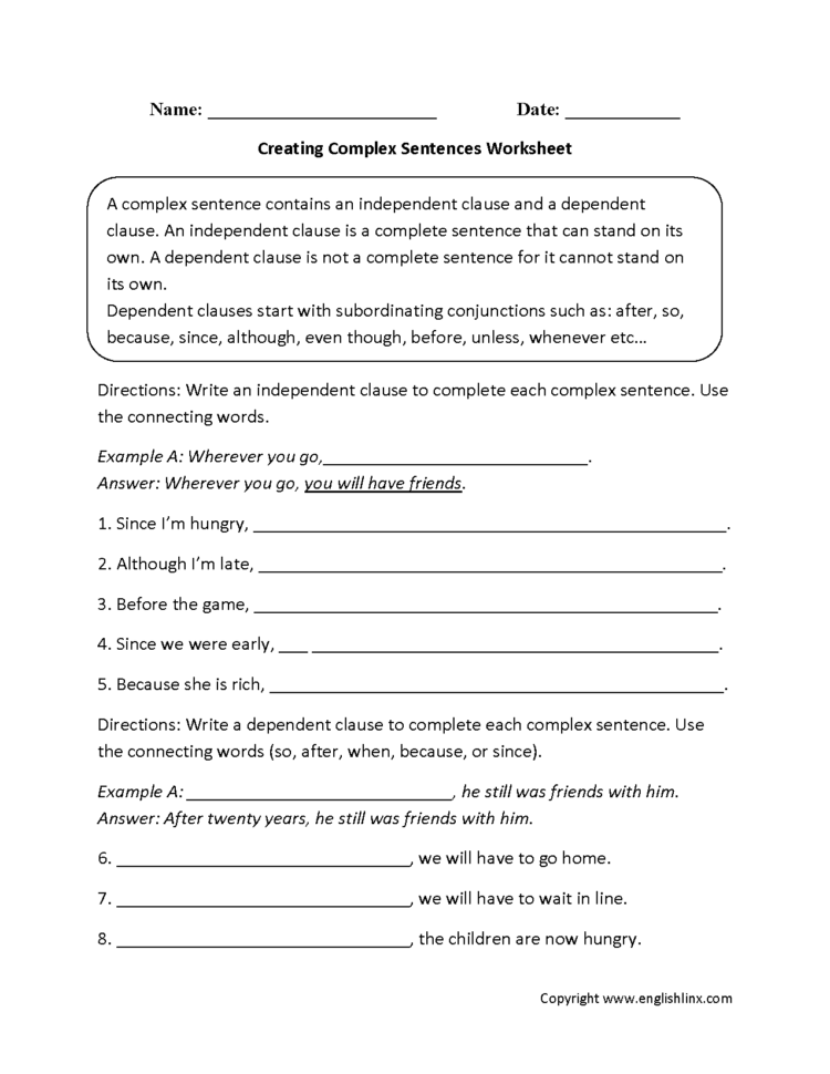 Sentences Worksheets  Complex Sentences Worksheets
