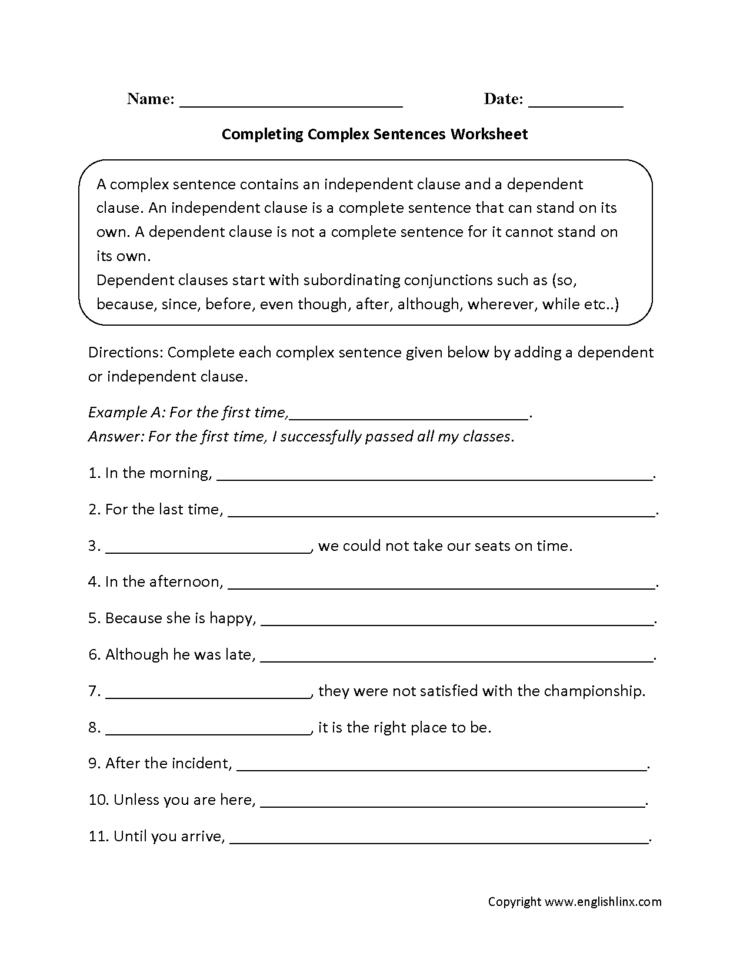 Sentences Worksheets  Complex Sentences Worksheets