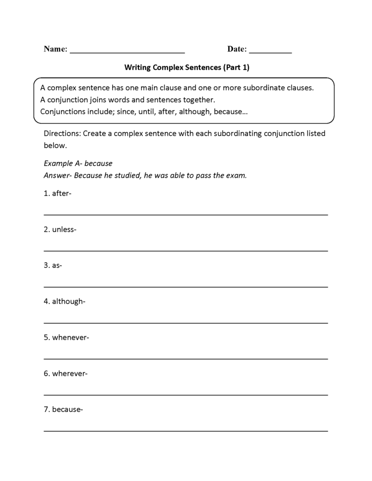 Complex Sentences Worksheets 6th Grade Pdf
