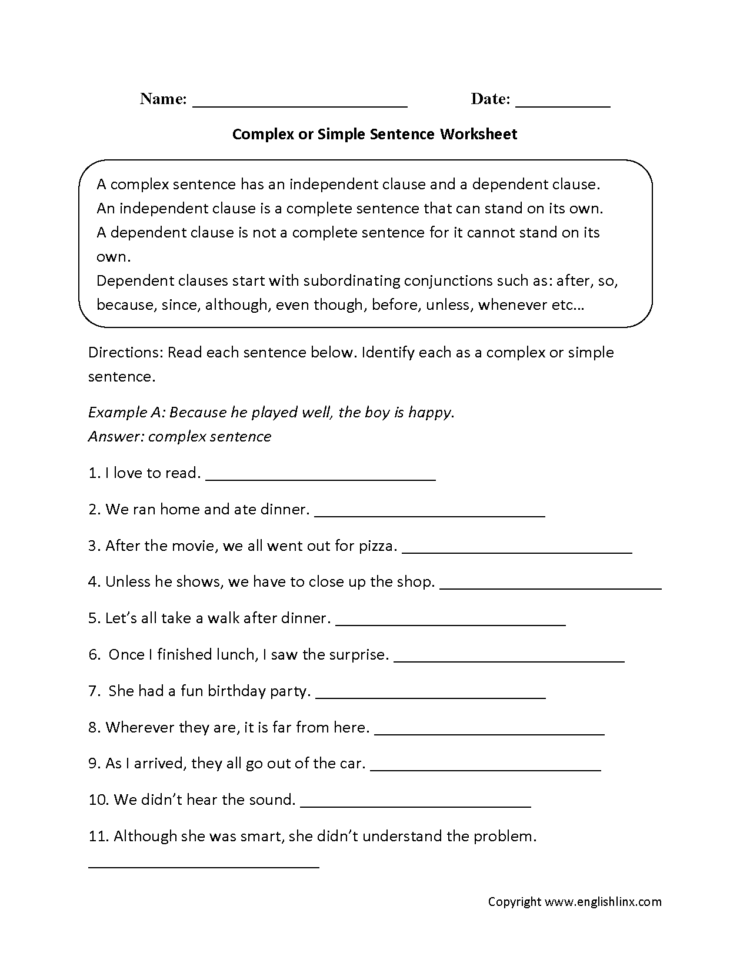 Sentences Worksheets  Complex Sentences Worksheets Sentences Worksheets  Complex Sentences Worksheets