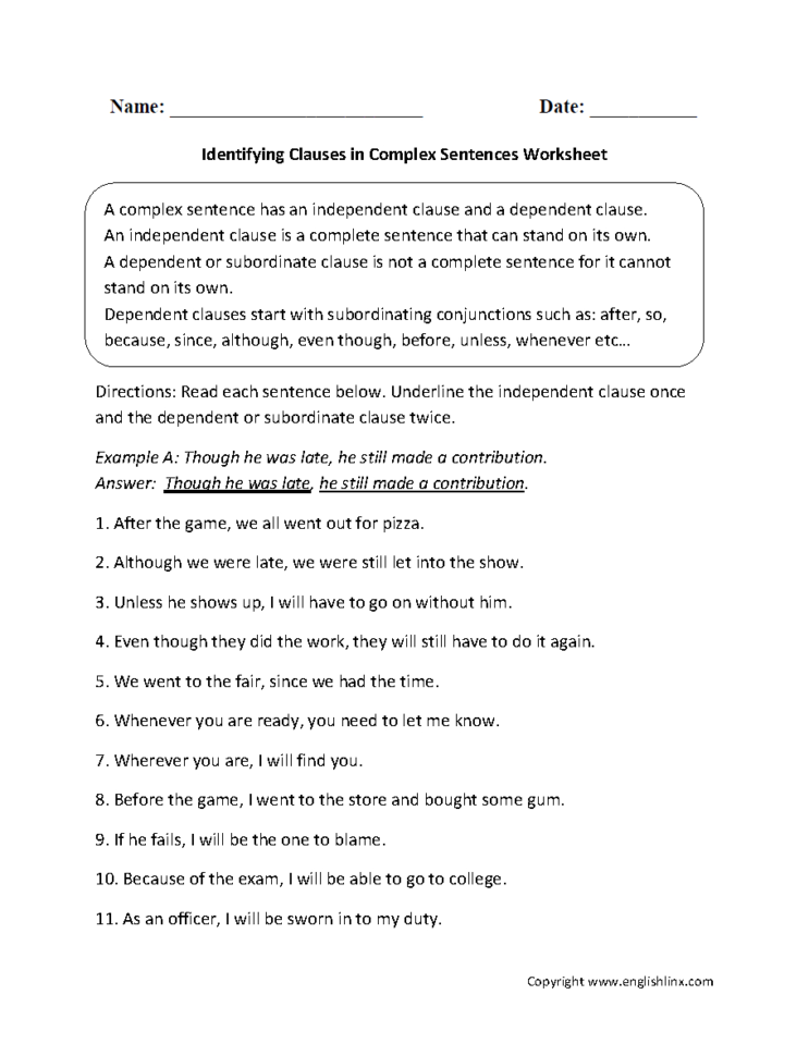 Sentences Worksheets  Complex Sentences Worksheets