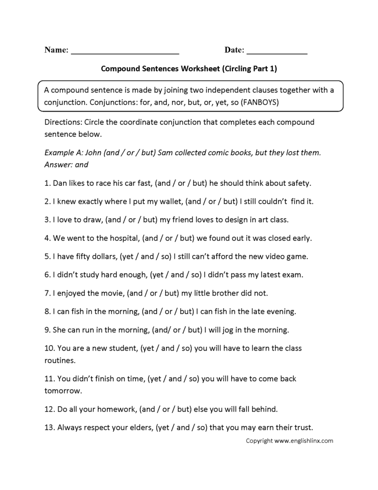 Sentences Worksheets  Compound Sentences Worksheets