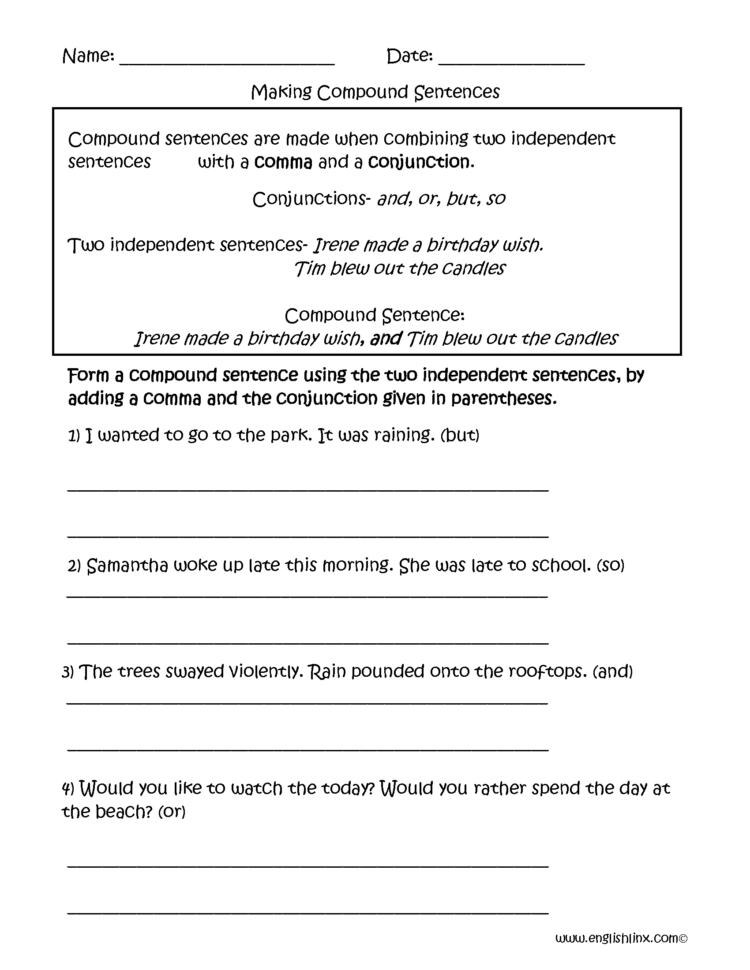 Compound Sentences Worksheet Tes