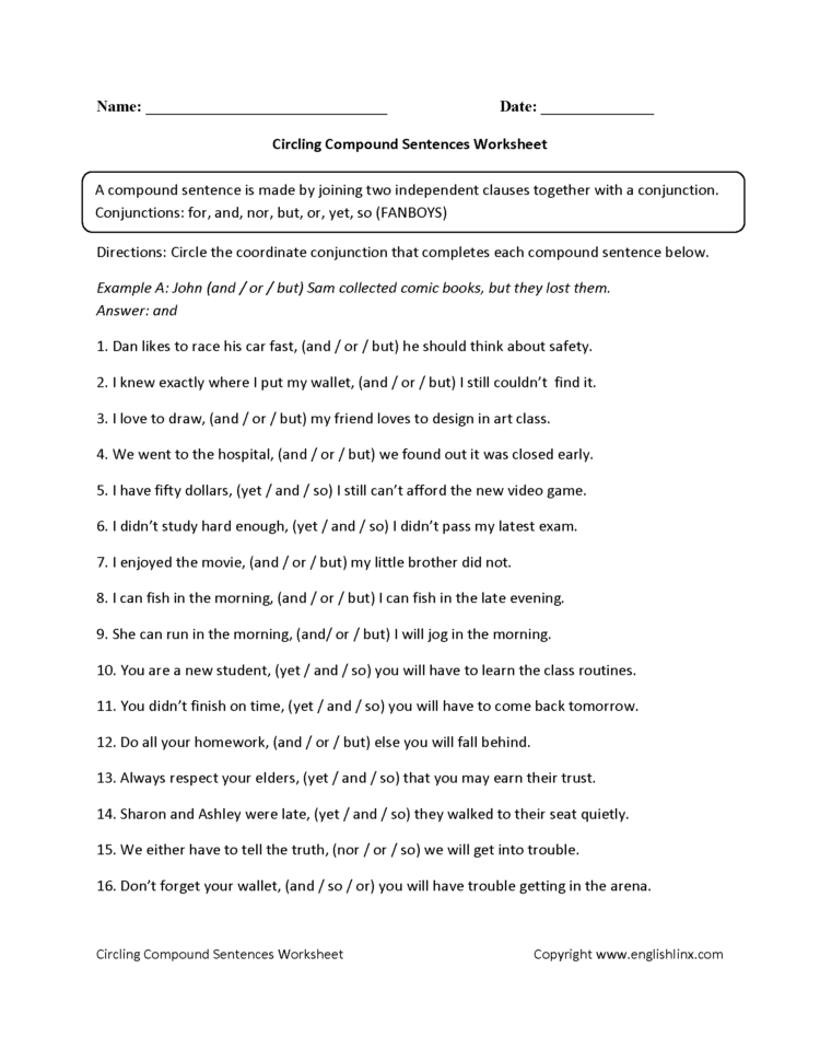 Sentences Worksheets  Compound Sentences Worksheets