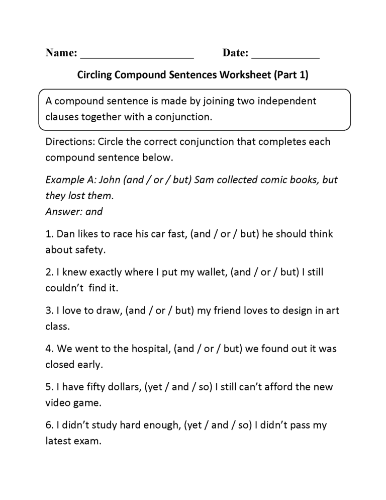 Compound Sentences Worksheet With Answers