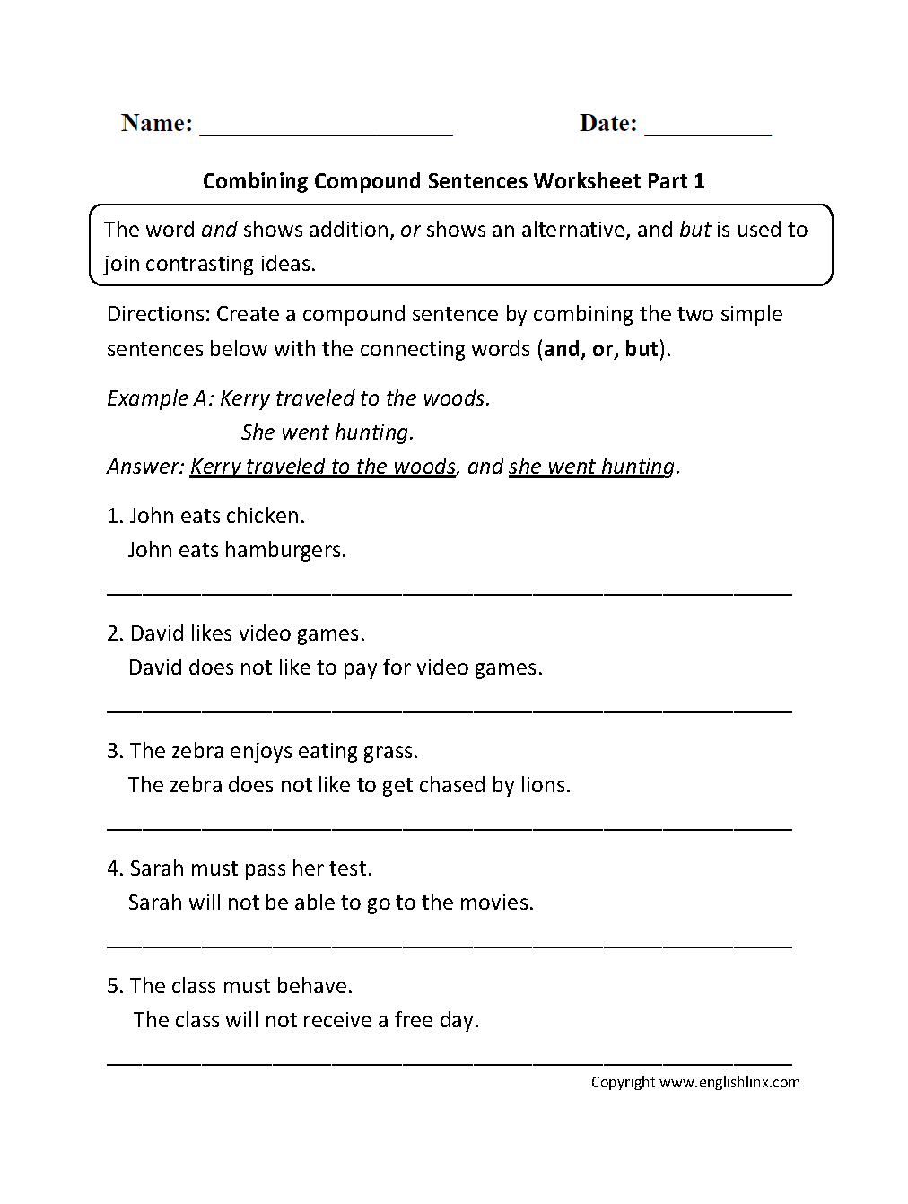 Compound Sentences Worksheets For 4th Grade