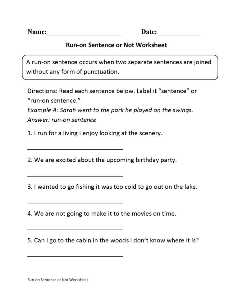 Sentences Worksheets  Run On Sentences Worksheets